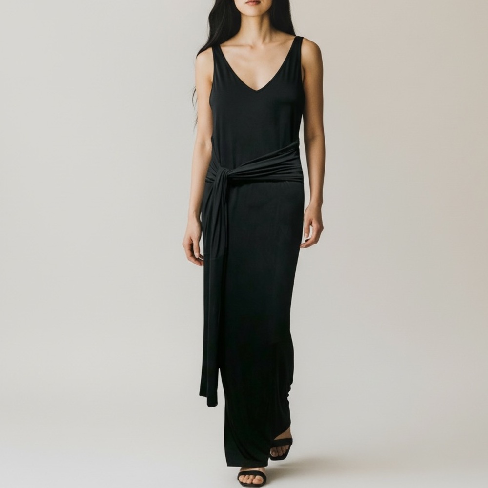 Donna Karan Collection V-neck Maxi Dress With Waist Sash In Black | Size S